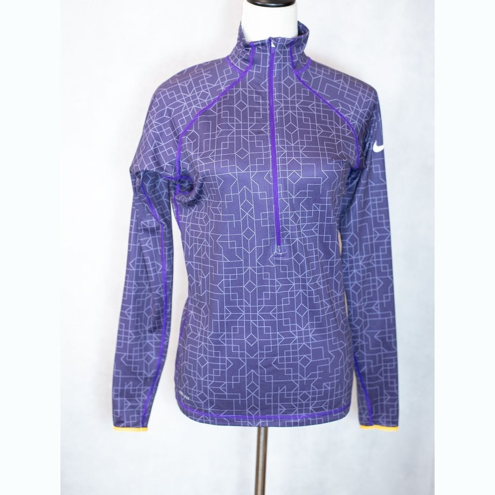 NIKE PRO Womens Running Top Jacket Purple Geometric 1/2 Zip Size M